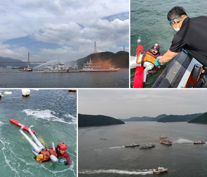 19일 오전 창원 마창대교 인근해상에서 대교를 충돌하는 사고상황을 가정해 유관기관 합동훈련을 실시하고 있다.(사진제공=남해지방해양경찰청)