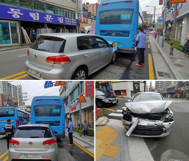 폭스바겐 골프차량이 버스 후미를 추돌.(사진제공=부산경찰청)
