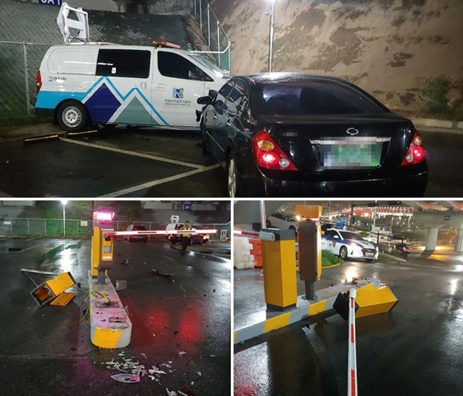 13일 음주차량으로 인한 천마산관리사무소 주차 차단기 파손.(사진제공=부산경찰청)