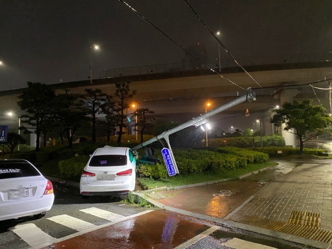14일 오전 2시 48분경 음주차량이 부산해운대 우동천 삼거리 힝단보도 신호등 충격.(사진제공=부산경찰청)