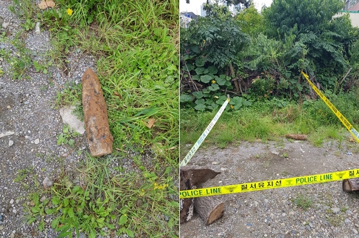 해운대 하수관급공사중 발견된 포탄.(사진제공=부산경찰청)