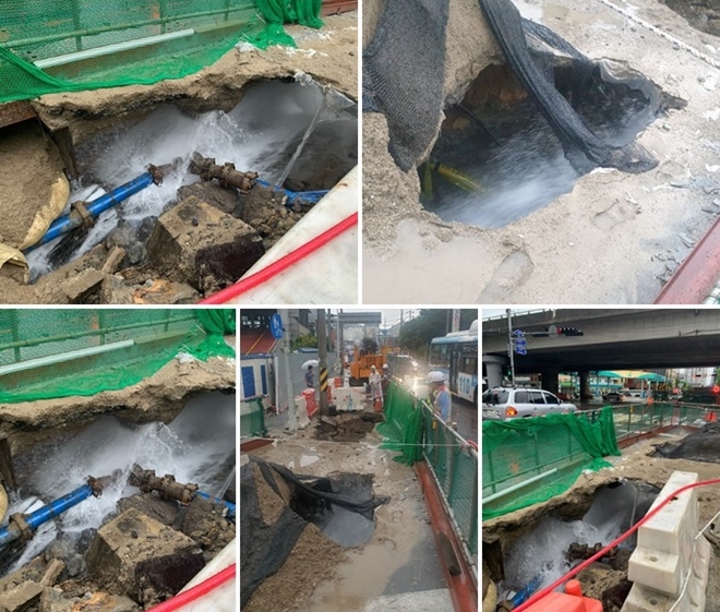 22일 오전 6시경 가아대로 현대 사상서비스센터 앞 상수관·배수관 터져 싱크홀 발생.(사진제공=부산경찰청)