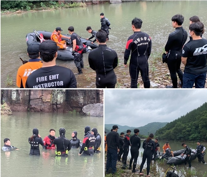 30일 의령군 유곡면 일대에서 열린 구조대원 역량강화 수난구조훈련.(사진제공=의령소방서)