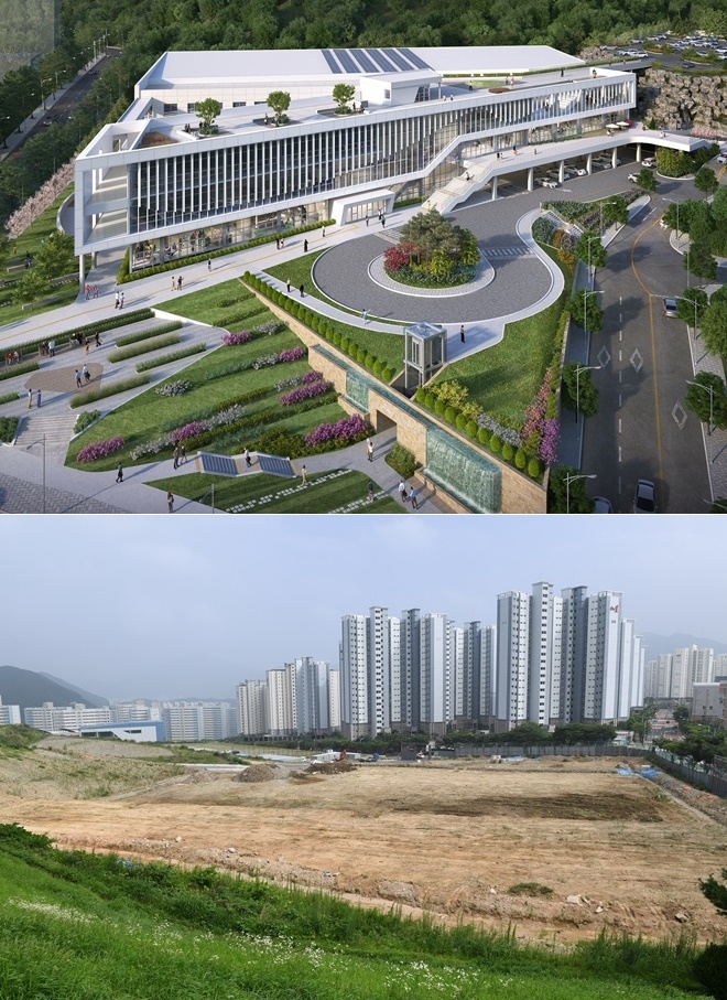 아쿠아 드림파크 조감도 및 공사현장.(사진제공=부산 기장군)