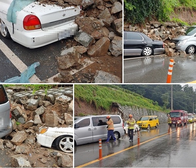 사하구 감천동 약수사 앞 축대붕괴로 차량 3대 매몰.(사진제공=부산경찰청)