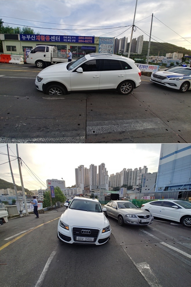 12일 오후 6시 30분 사하구 을숙대로 하하물산 앞 도로 포트홀로 인해 차량운전석 앞바퀴 빠지는 사고 발생.(사진제공=부산경찰청)
