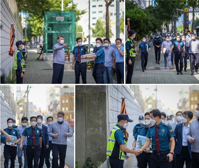 진정무 부산경찰청장이 14일 오후 일본영사관 경비중인 경찰관 및 의경대원들을 격려하고 현장 점검도 하고 있다.(사진제공=부산경찰청)