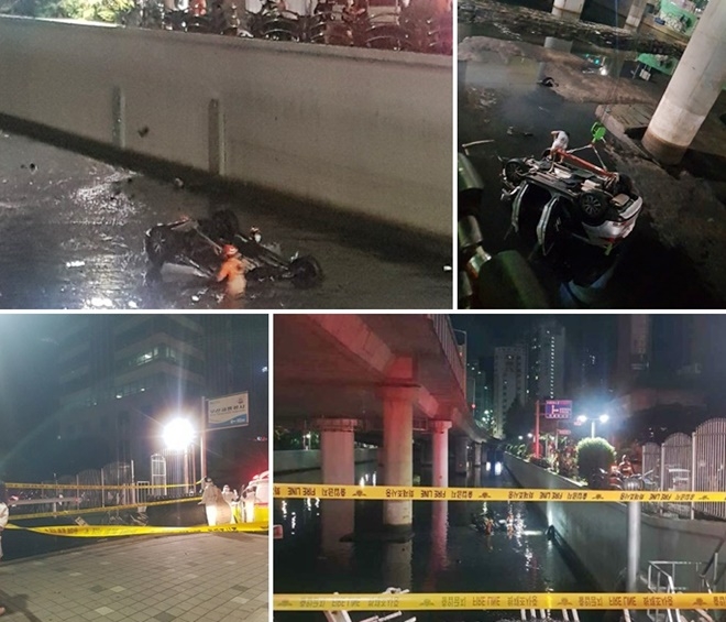 23일 오전 1시 10분경 광무교 밑 하천으로 차량추락사고.(사진제공=부산경찰청)
