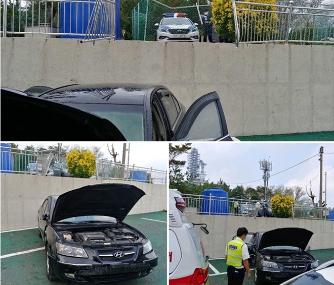 9월 8일 오후 1시경 부산 남구 대연동 한 커피숍 난간 충돌 후 2m아래로 추락.(사진제공=부산경찰청)