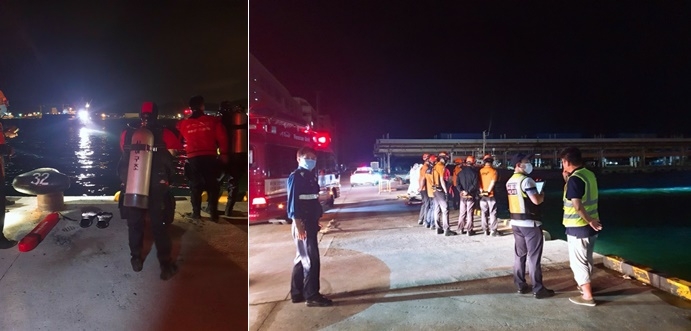 24일 오전 2시 5분경 부산 서구 국제수산물센터 내 부두에서 싼타페차량 바다로 추락.(사진제공=부산경찰청)