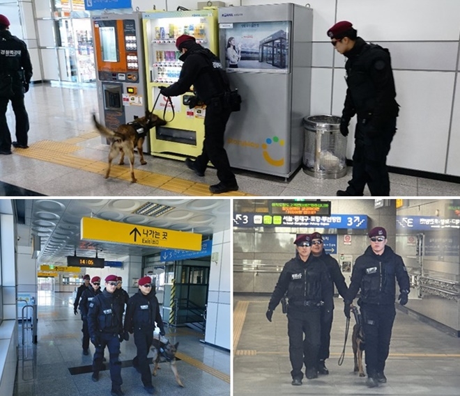 탐지견과 함께 대테러 안전예방활동에 나서고 있는 경찰특공대.(사진제공=경남경찰청)