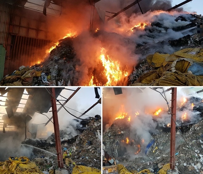 28일 오전 6시 6분경 울산 울주군 온산읍 원산리 폐기물 업체서 화재발생.(사진제공=울산소방본부)