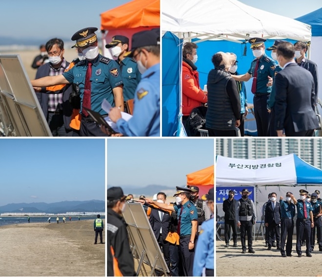 진정무 부산경찰청장이 중학생 실종사건이 발생한 다대포해수욕장에서 수색현장을 점검하고 있다.(사진제공=부산경찰청)