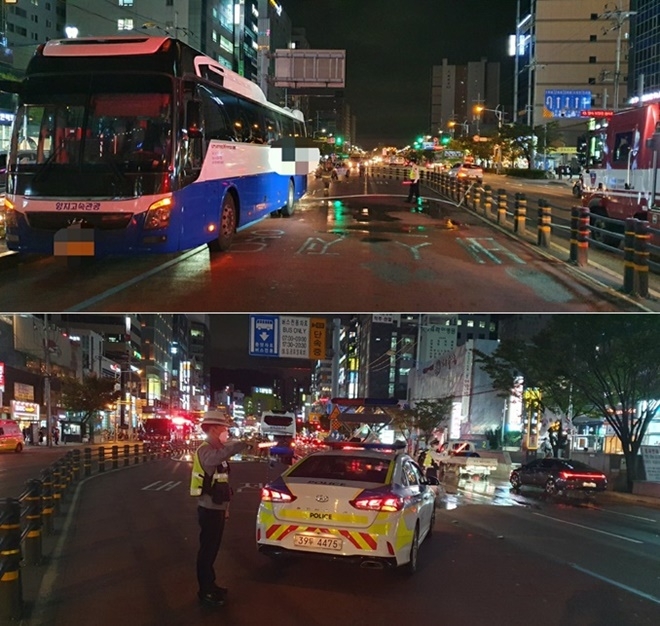 10월 7일 오후 6시 22분경 하단교차로 BRT구간 내 통근버스 엔진룸 화재.(사진제공=부산경찰청)