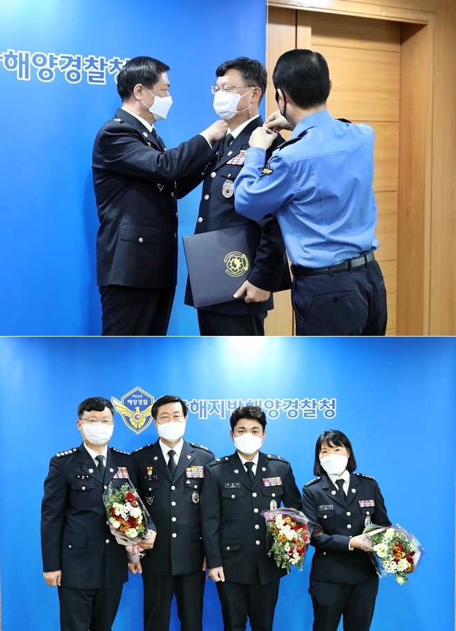 19일 오전 9시 구자영 남해해경청장과 여인태 안전총괄부장이 승진임용 대상자(기획운영과장 총경 옥창묵)에게 계급장을 수여하고 있다/구자영 남해해경청장과 승진임용 대상자(좌측부터 기획운영과장 총경 옥창묵, 구자영 남해해경청장, 수사정보과 경위 정용준, 종합상황실 경사 임소영)들이 기념촬영을 하고 있다.(사진제공=남해해경청)