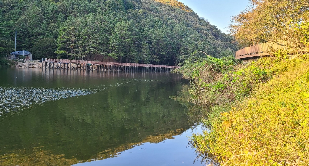 산책로가 조성중인 정관읍 병산저수지 전경.(사진제공=부산 기장군)