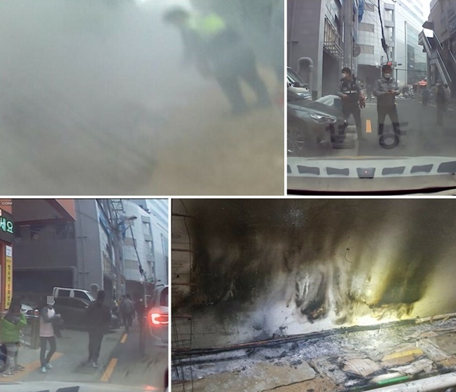 서면번화가 빌딩 화재를 출동한 경찰이 진화하고 있다.(사진제공=부산경찰청)