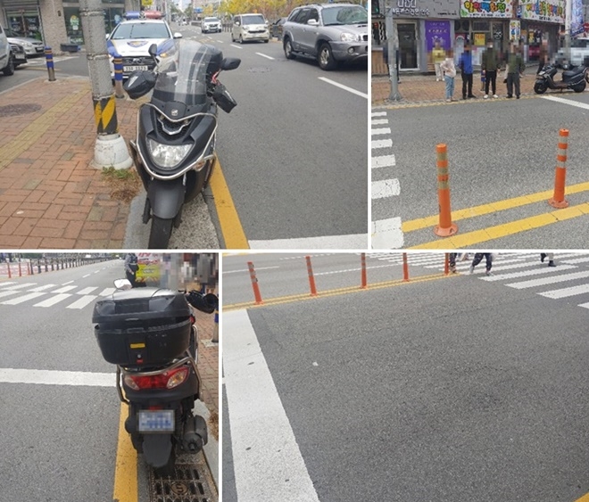 11월 6일 금정초교 어린이보호구역 내 오토바이가 횡단보도와 정지선 사이를 건너던 초등학생 충격.(사진제공=부산경찰청)