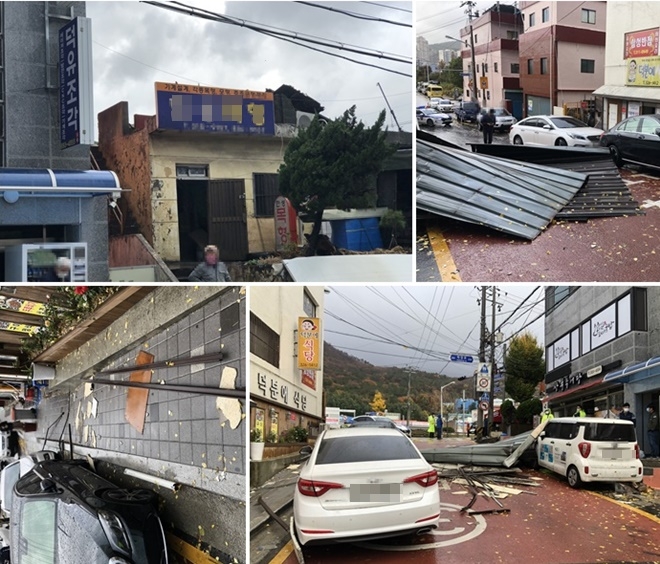 주례구치소 앞 가건물 천장 양철덮개 낙하.(사진제공=부산경찰청)