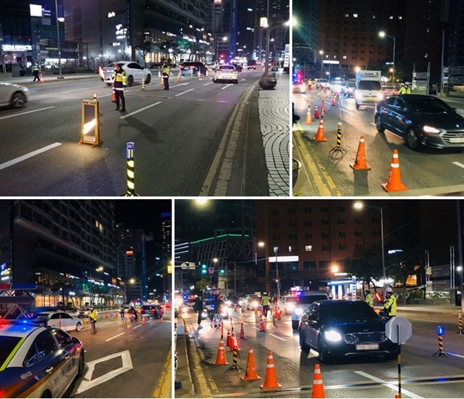 비접촉식 감지기와 지그재그식 단속 현장.(사진제공=부산경찰청)