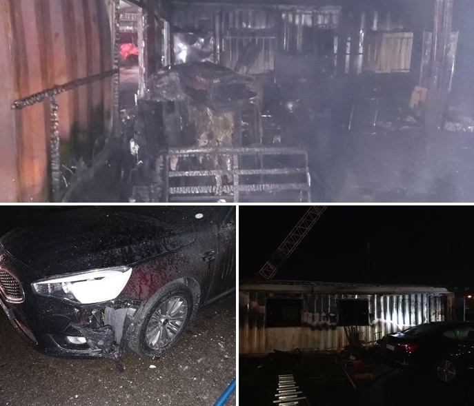 12월 1일 울산신항 일반부두 컨네이너가 반소됐고 인근 주차차량도 일부 소훼.(사진제공=울산소방본부)