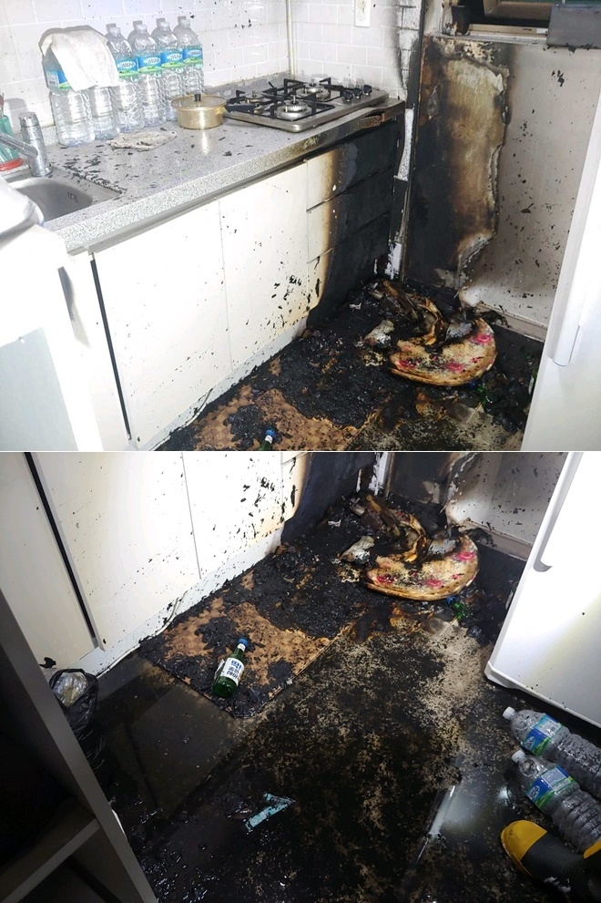 12월 3일 오후 5시 40분경 술에 취해 고장난 가스레인지를 켜기 위해 신문지로 불을 붙이려다 화재.(사진제공=부산경찰청)