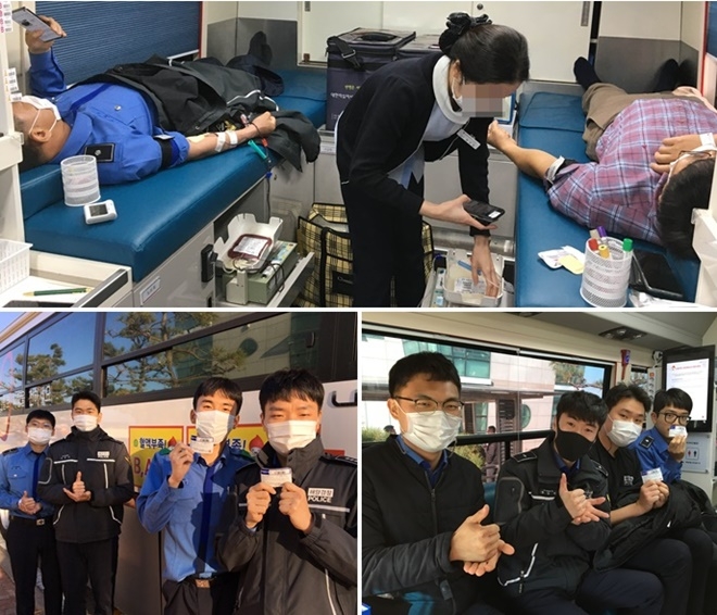 의무경찰과 해양경찰이 합께 단체헌혈에 동참하고 있다.(사진제공=부산해양경찰서)