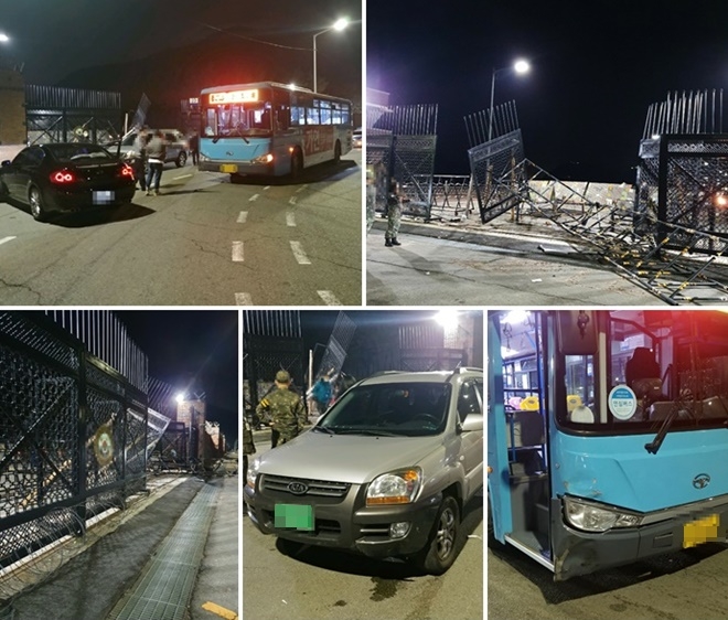 11월 6일 오후 11시 53분경 부산 남구 용호동 해군작전사령부 앞에서 발생한 음주교통사고.(사진제공=부산경찰청)