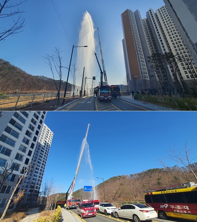 고층건물 화재진압 훈련.(사진제공=온산소방서)