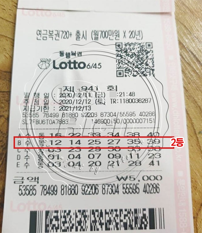 941회 로또 2등 당첨자 이주희(가명)씨의 로또용지. 사진=로또리치