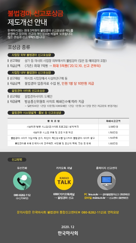 한국마사회, 불법경마 신고포상 5억원으로 상향