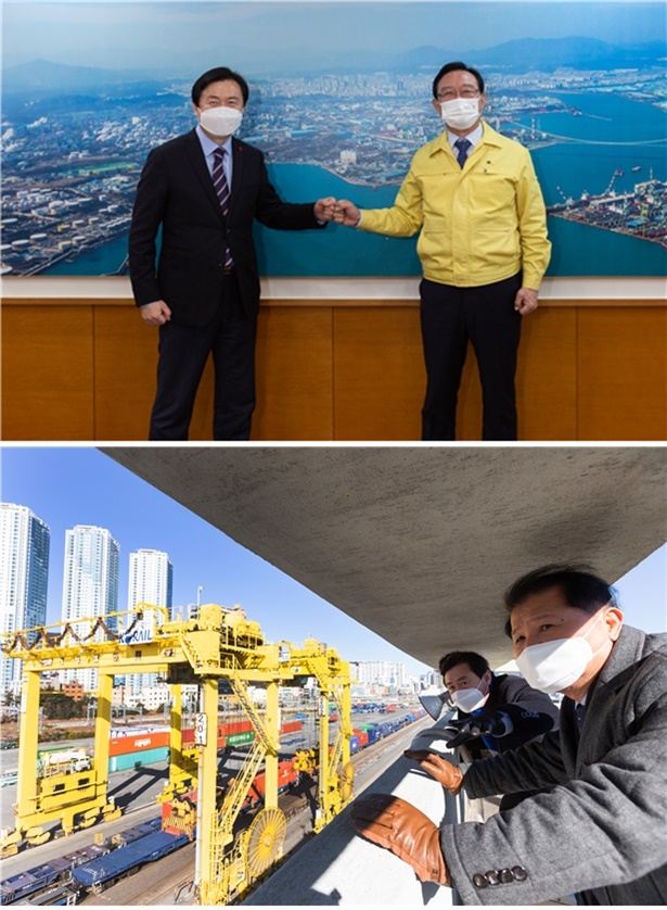 (사진위)송철호 울산시장과 면담하는 기념촬영하는 김영춘 전 장관(사진왼쪽)/(사진아래) 철도 재배치 현황을 점검하고 관련 시설을 둘러보는 김영춘 전 장관.(사진제공=김민수)