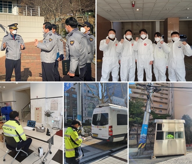 진정무 부산경찰청장(위 사진왼쪽)이 19일 오후 북구 인재개발원 생활치료센터를 방문해 코로나19지원근무자들을 격려하고 빈틈없는 근무를 주문하고 있다. 코로나19지원 근무자들이 빈틈없는 근무를 하고 있다.(사진제공=부산경찰청)