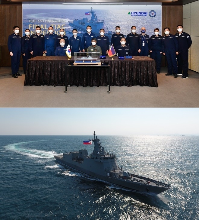 (1)필리핀 호위함 2번함인 ‘안토니오 루나함’의 인도 서명식(앞줄 왼쪽부터 현대중공업 남상훈 특수선사업본부장, 필리핀 레오데가리오 델라 파즈 방위사업청장, 알베르토 카를로스 인수평가위원장)(2) 지난해 5월 인도한 동형 호위함 1번함인 ‘호세 리잘함’.(사진제공=현대중공업)