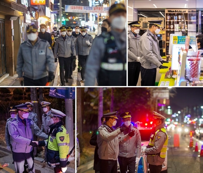 진정무 부산경찰청장이 5일 밤 동래구 명륜1번가 치안현장을 방문하고 음주단속 근무자들을 격려하고 있다.(사진제공=부산경찰청)