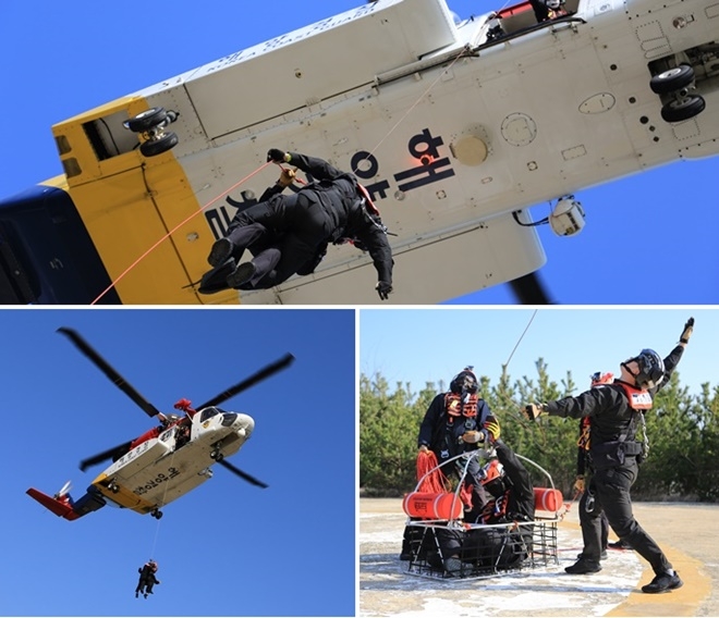 전입 경찰관을 대상으로 현장 항공 구조훈련을 하고 있다. (사진제공=남해해경청)