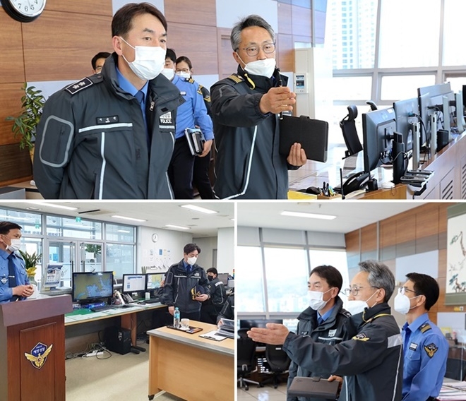 서승진 남해해경청장이 마산항을 방문해 VTS와 마산파출소를 찾아 직원들의 노고를 격려하고 빈틈없는 임무수행을 주문하고 있다. (사진제공=남해해경청)
