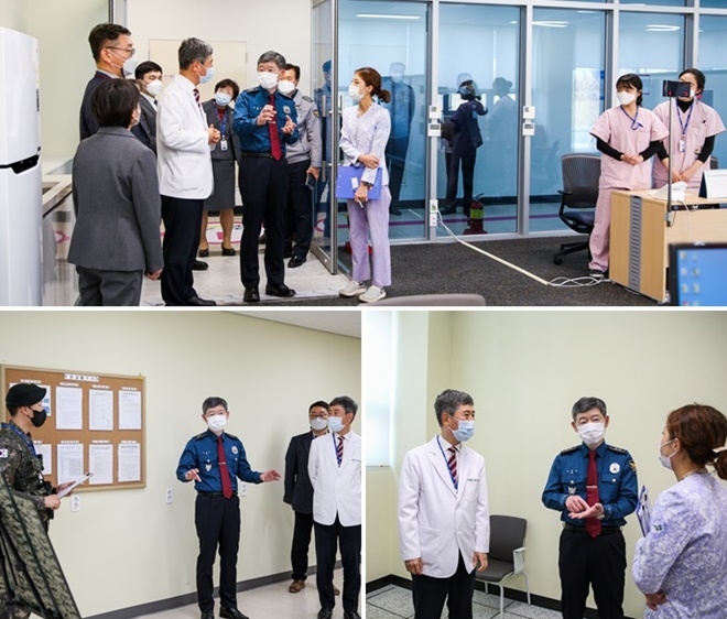 이문수 신임 경남경찰청장이 첫 공식일정으로 양산부산대병원을 찾아 접종센터와 백신보관장소를 둘러보고 김대성 병원장 등과 환담을 나누고 있다. (사진제공=경남경찰청)