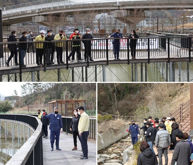 오규석 기장군수 일행이 9일 일광신도시내 저류지 현장/삼성천 정비사업현장을 점검하고 있다. (사진제공=부산 기장군)