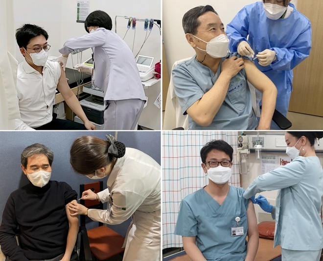 (좌측 윗줄부터) 정훈재 서울부민병원장, 서승석 해운대부민병원장,정춘필 부산부민병원장, 최규철 구포부민병원장이 백신을 접종 받고 있다.(사진제공=부민병원)