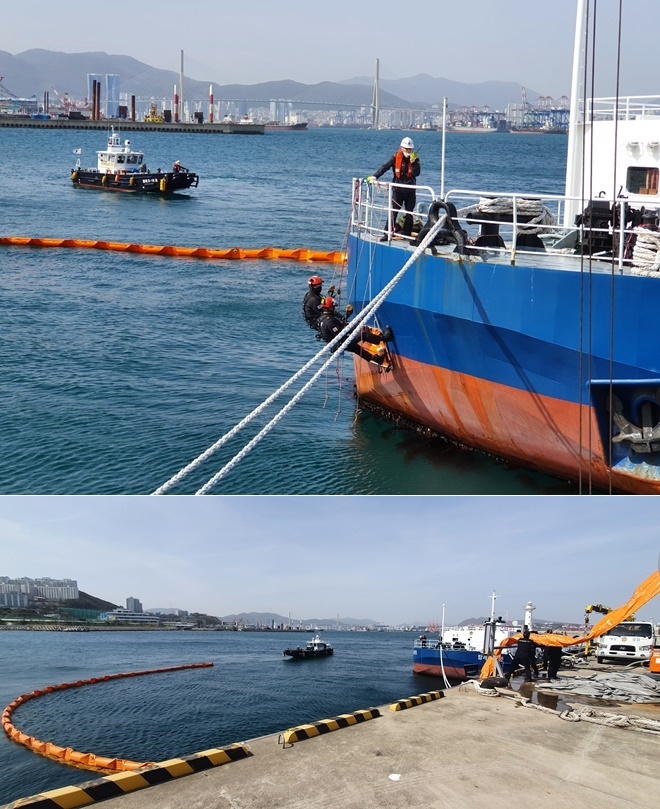 해양오염사고 대비 훈련을 실시하고 있다.(사진제공=부산해양경찰서)