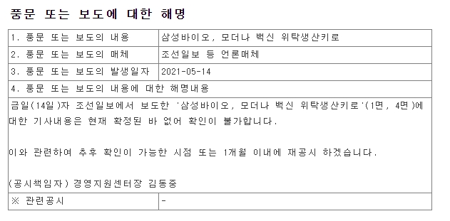 삼성바이오로직스가 14일 모더나 코로나19 백신을 위탁생산할 것이라는 보도에 확정된 바가 없어 추후 재공시할 것이라고 밝혔다. 사진=다트 경영공시 캡처