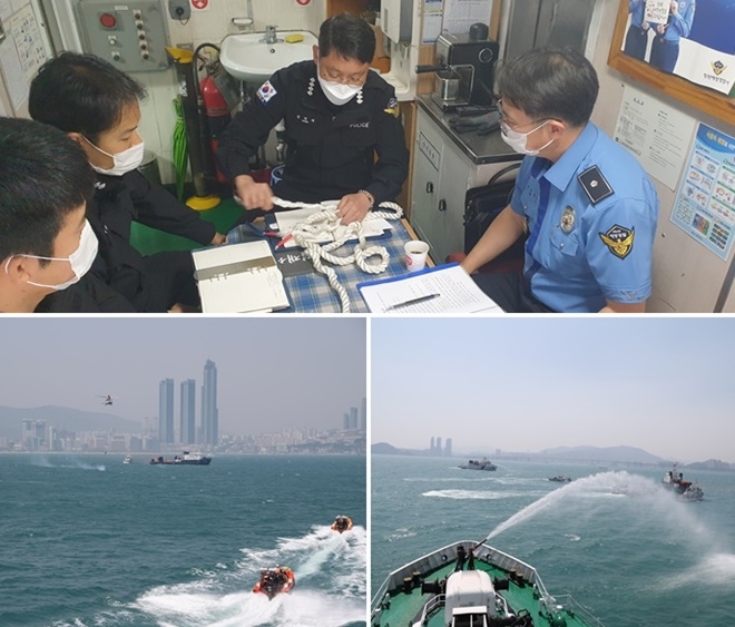 지난 5월 20일 창원해경서 경비함정에서 경찰관들을 대상으로 상반기 안전교육을 실시하는 모습/지난 2019년 5월 23일 남해해경청 주관 해상종합훈련에 참가한 부산해경 소속 경비함정과 남해해경청 헬기 등이 인명구조 훈련.(사진제공=남해지방해양경찰청)
