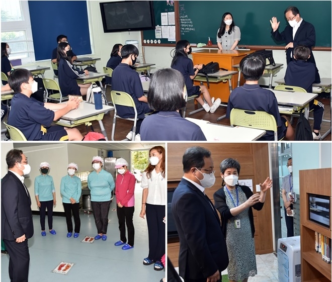 김석준 교육감이 21일 강서·북구 지역 학교 학사운영 상황을 점검하고 있다.(사진제공=부산교육청)