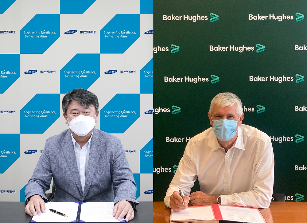 (왼쪽부터) 삼성엔지니어링 솔루션사업본부장 문덕규 전무, 베이커휴즈 회전기기 및 프로세스 솔루션 사업부 글로벌 총괄 로드 크리스티 부문장.(사진=삼성엔지니어링)