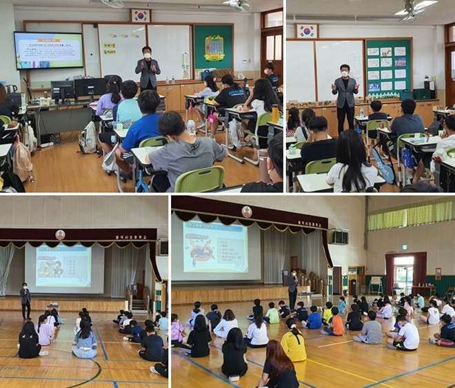 김정석 범피 사무처장이 불국사초등학교를 방문해 학교폭력 피해예방 교육을 하고 있다.(사진제공=경주범죄피해자지원센터)