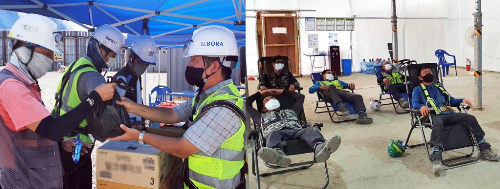 (왼쪽) 반도건설 현장소장과 직원들이 무더위에 지친 근로자들에게 아이스크림과 얼음물을 나눠주고 있다, (오른쪽)무더위 시간대 냉방시설이 구비된 휴게공간에서 휴식을 취하는 현장 근로자들.(사진=반도건설)