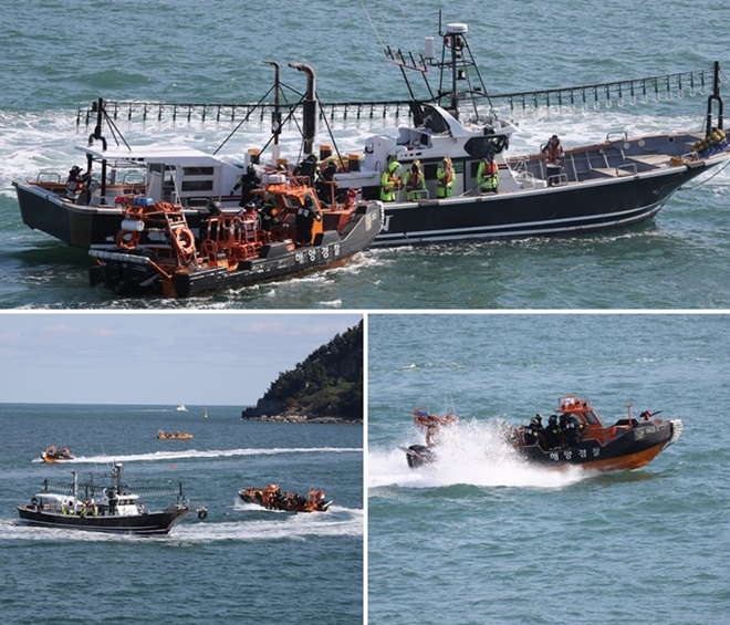 해양경찰 단정이 불법조업선박 단속 훈련을 하고 있다.(2019.10.16.일 훈련모습, 사진제공=남해해경청)