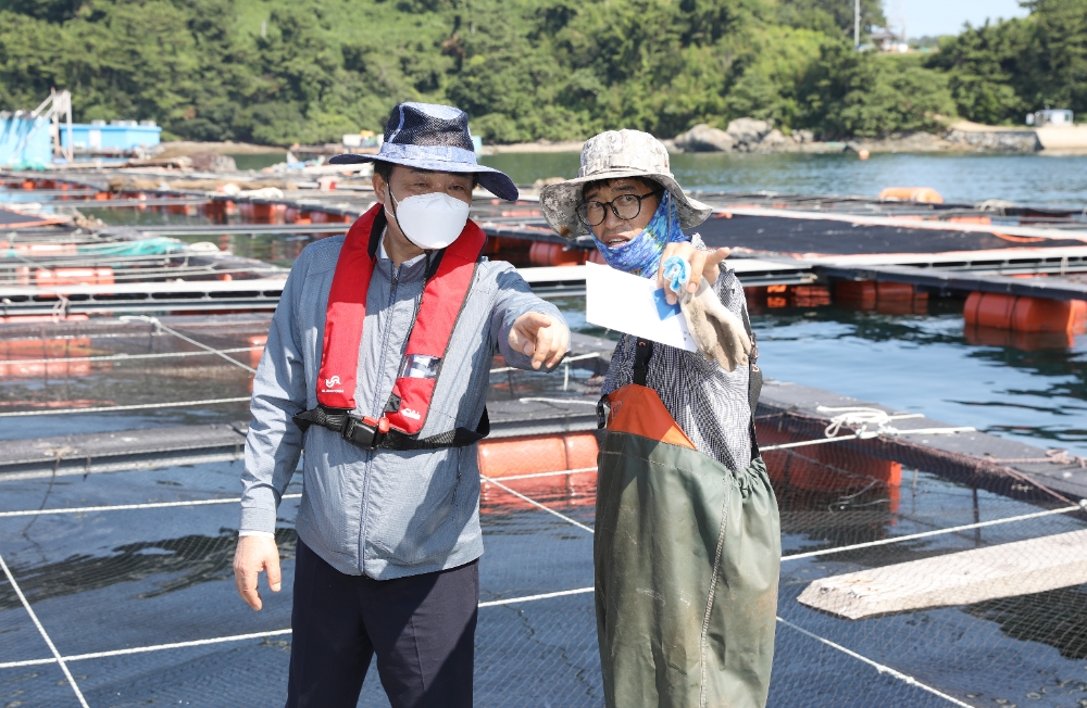 임준택 수협중앙회장(사진 좌측)이 통영시 산양읍 일대에 위치한 양식장을 찾아 현장을 점검하고 있다.(사진=수협중앙회)