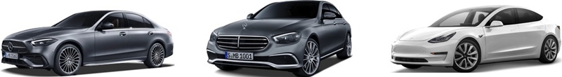 <(좌측부터) 벤츠 C220D, 벤츠 E350, 테슬라 모델3 Long Range>